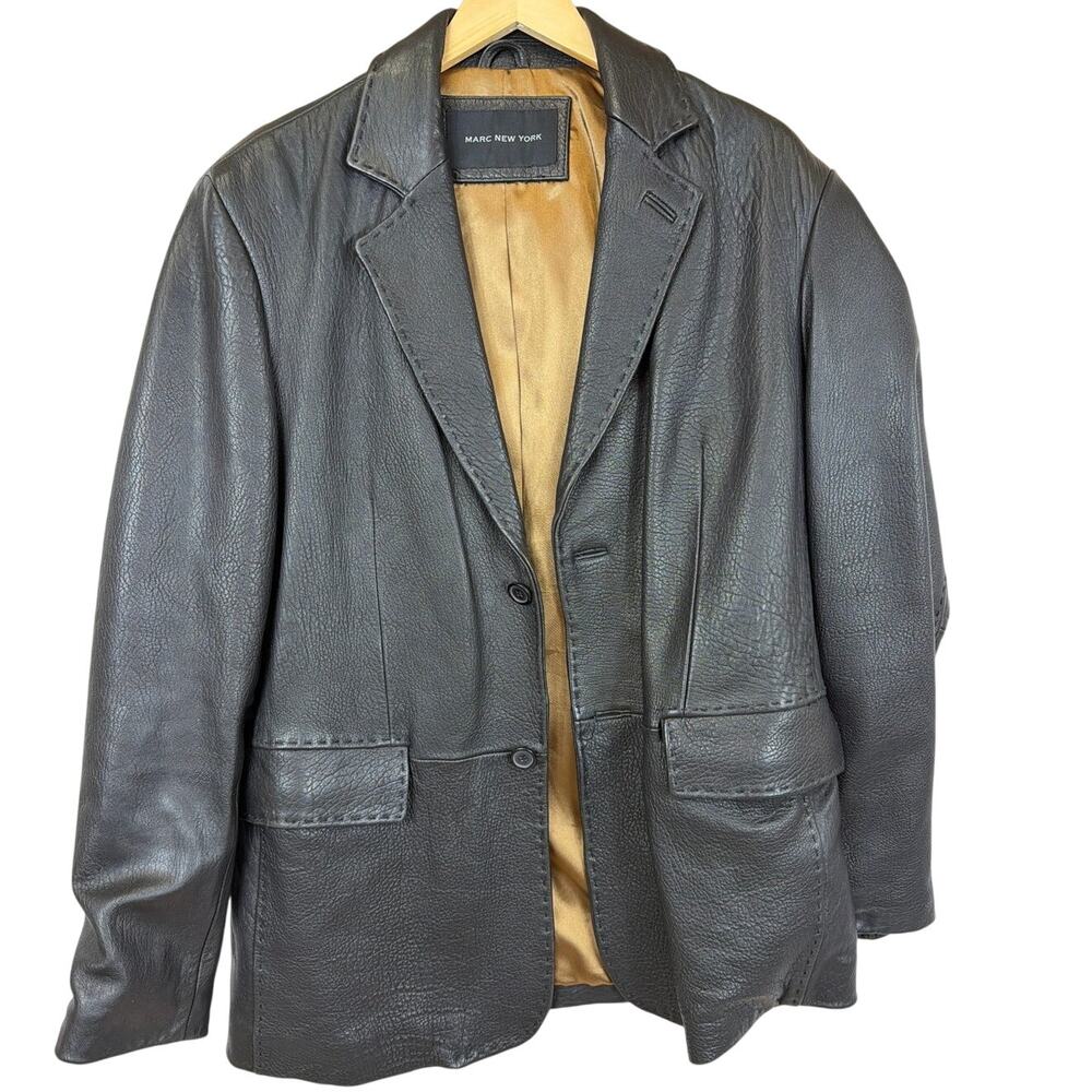Marc New York Black Genuine Leather Two Button Flap Pocket Blazer Jacket L